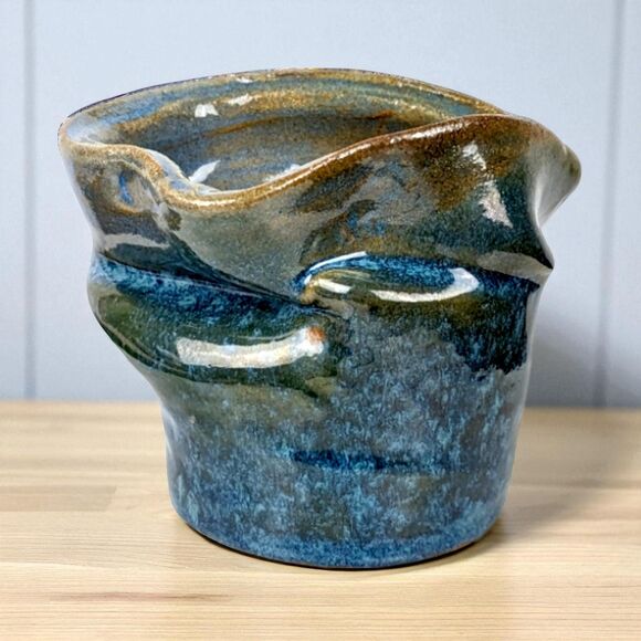 Handmade Blue Pottery Vase: Asymmetrical Ceramic Art, Signed - Picture 1 of 7